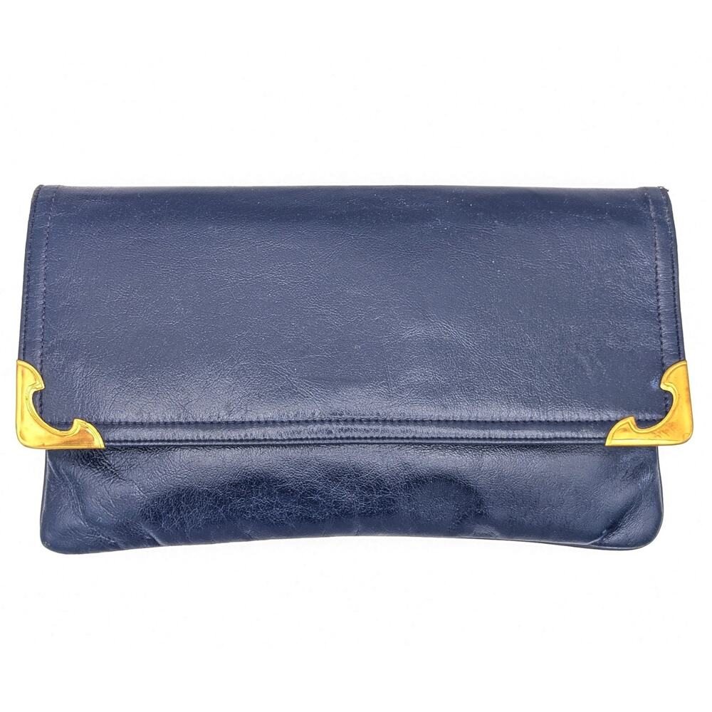 💜Vintage 1980s Navy Leather Clutch Gold Corners